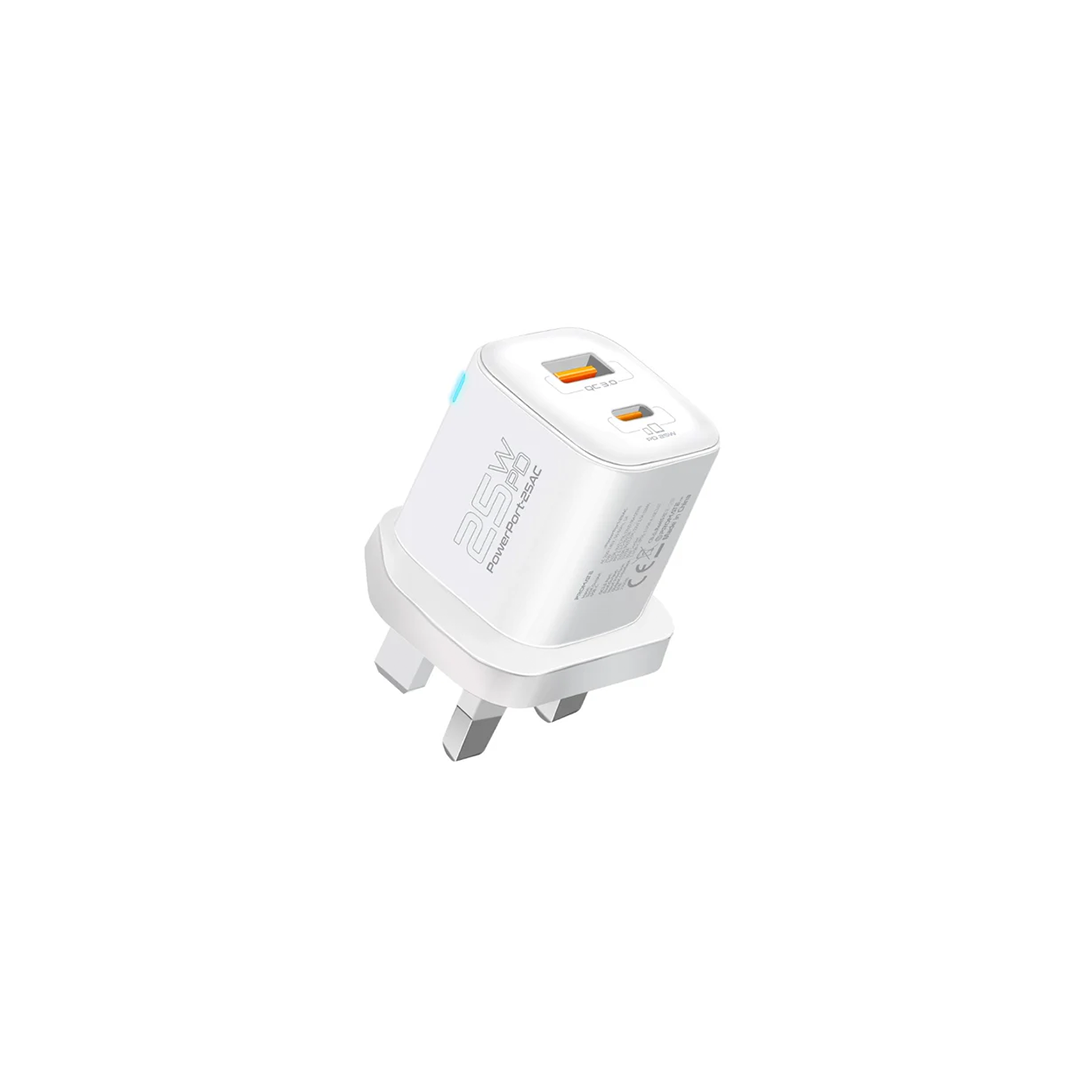 Promate PowerPort-25AC Ultra-Fast Dual Port AC Charger with 25W Power Delivery and QC 3.0 - White in Qatar Promate PowerPort-25AC Ultra-Fast Dual Port AC Charger with 25W Power Delivery and QC 3.0 - White in Qatar